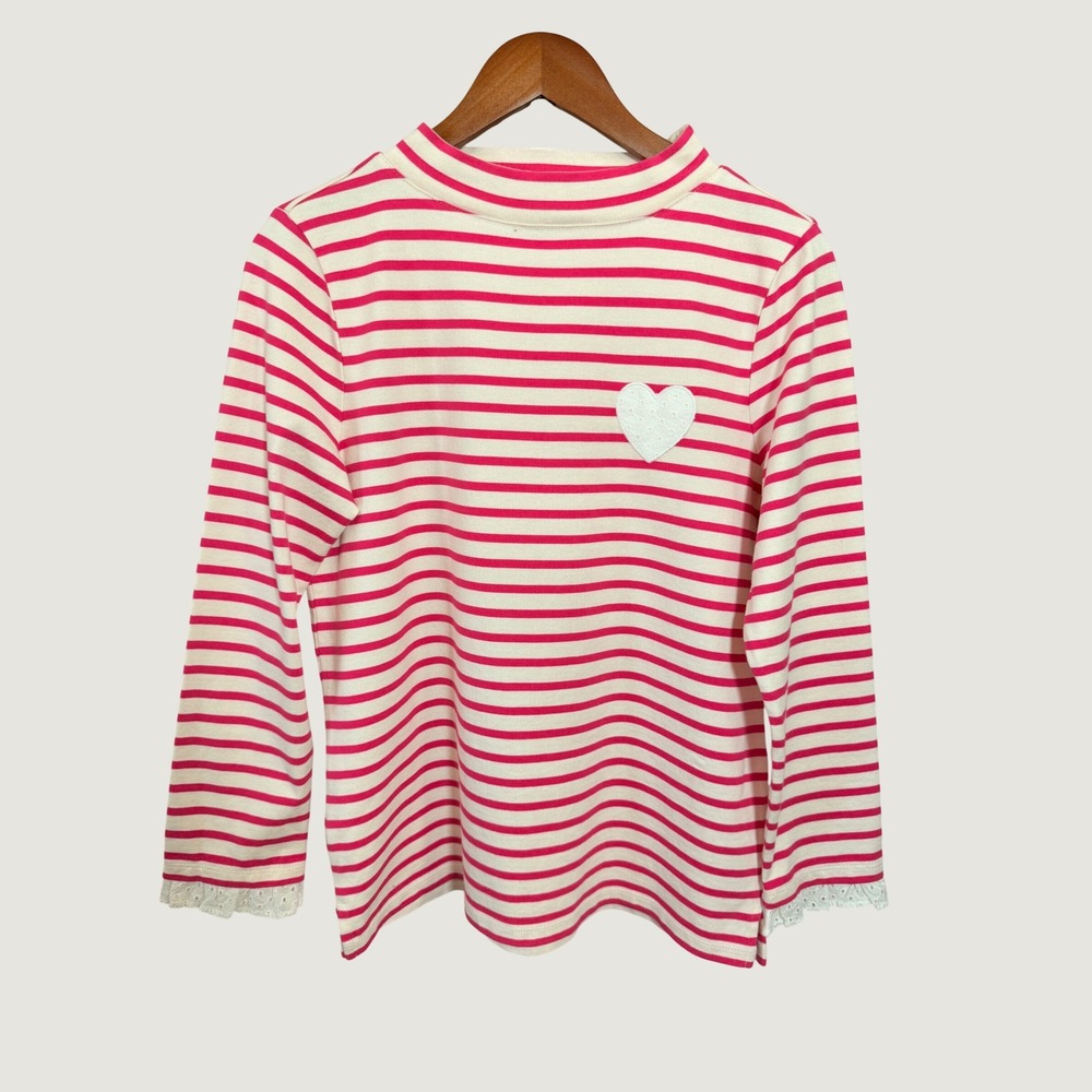 Talbots Pink White Striped Mock Neck Heart Eyelet Lace Long Sleeve Top Small - Picture 6 of 8